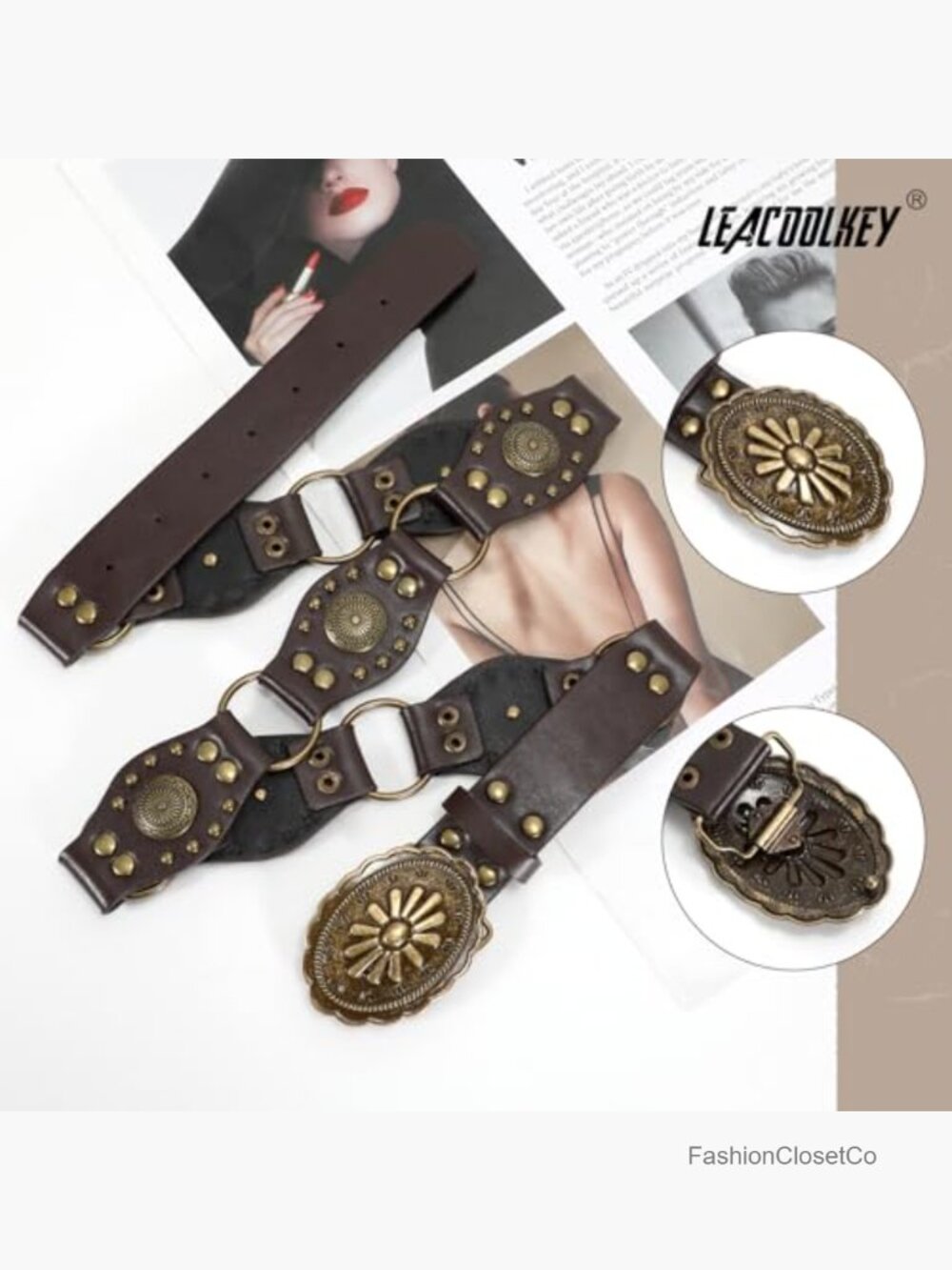 Vintage Leather Western Concho Belt with Rivets for Women - Picture 6 of 7